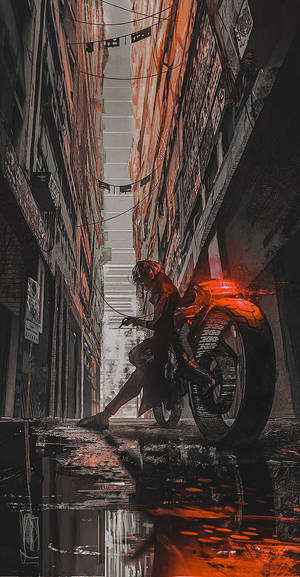 一個騎士在夜間下雨的城市小巷中騎著發光的機車。 — 霓虹橘 壁紙