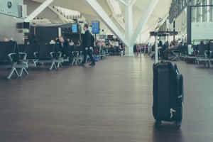安靜的機場航站樓中的黑色滾輪行李箱，背景有旅客。 — 機場 壁紙
