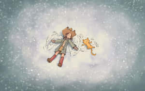 孩子和貓咪在飄落的雪中製作雪天使。 — 2560x1600 壁紙