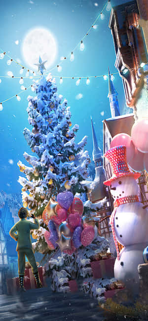 孩子在滿月下用雪人和氣球裝飾雪聖誕樹。 — 電玩遊戲 GIF 壁紙