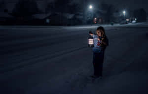 孩子在雪夜街道上手持燈籠 — 恐懼層層 壁紙