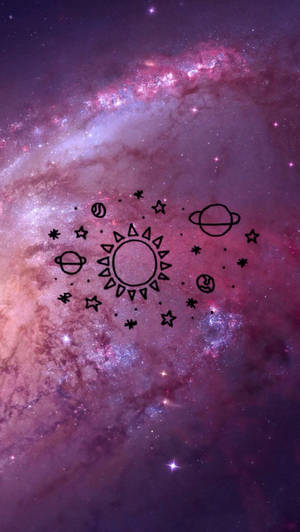 一個紫色星系，帶有太陽、行星和星星的黑色線條藝術。 — 粉嫩粉彩美學 壁紙