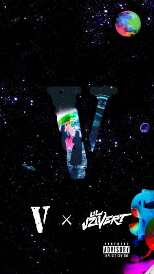 一個宇宙場景，有一個巨大的V形剪影手持一個發光的行星，周圍環繞著星星和彩色球體。 — 小烏茲·弗特 壁紙