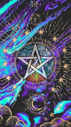 一個發光的五角星，周圍環繞著星星和宇宙漩渦，呈現鮮豔的紫色和藍色。 — 宇宙美學 壁紙