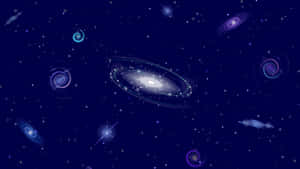 一個充滿活力的宇宙場景，在深藍色太空中有螺旋星系和星星。 — The Krew 壁紙