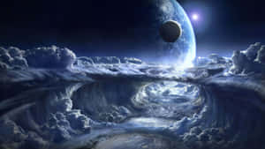 一個超現實的宇宙景觀，有旋轉的雲層和發光的行星與月亮。 — 4K 電腦 壁紙