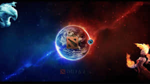 地球上的Dota 2標誌，火焰英雄和幽靈生物在太空星雲中。 — 電玩遊戲 GIF 壁紙
