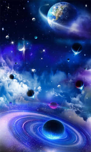 地球漂浮在星星和一個帶有旋轉藍色環的發光黑洞之間。 — 宇宙 壁紙