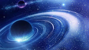 一顆帶有發光環的藍色行星，被星星和一顆遙遠的紫色行星包圍。 — 宇宙 壁紙
