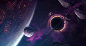 太空中一個黑洞，附近有小行星和一顆發光的行星。 — 紫色銀河 壁紙