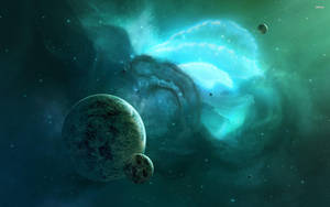 一顆行星和月球在深空中漂浮在發光星雲附近。