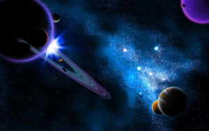在深空中，色彩繽紛的行星和發光的星雲組成的生動宇宙場景。 — 宇宙美學 壁紙