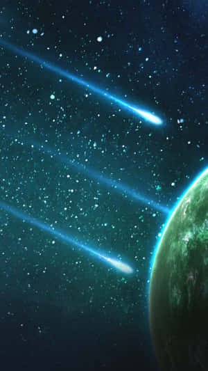 藍色流星在繁星點點的藍綠色太空中劃過一顆綠色行星。 — 星際效應 壁紙
