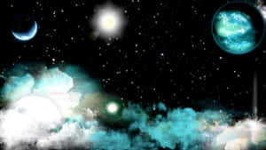 一個充滿活力的宇宙場景，發光的行星和恆星在黑暗虛空中。 — 太空 壁紙