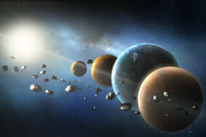 行星和小行星漂浮在一個有明亮太陽的星空宇宙場景中。 — 宇宙 壁紙