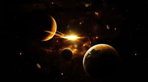 色彩鮮豔的行星和環圍繞著一顆明亮的恆星運行，在滿天星斗的宇宙空間中。 — 宇宙 壁紙