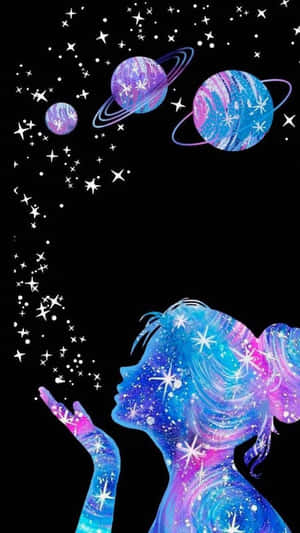 少女將星星和星系吹向太空，附近有行星漂浮。 — 暗黑少女風 壁紙
