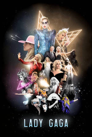 Lady Gaga 在太空中的拼貼，帶有發光的霓虹三角形和星空背景。 — 女神卡卡 壁紙