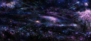 一個色彩繽紛的星系，帶有紫色星雲和綠色流星劃過星空。 — 太空美學動圖 壁紙