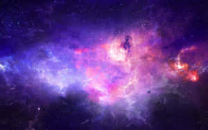鮮豔的宇宙星雲，帶有紫色、粉紅色和藍色的雲層以及散落的星星。