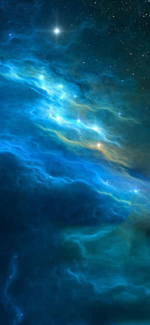 在深空中帶有發光星星的鮮豔藍色和金色宇宙星雲。 — iPhone Xs Max 壁紙
