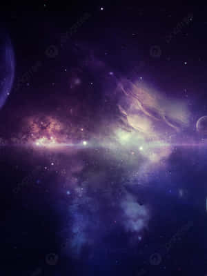 深空中帶有發光星星和遙遠行星的鮮豔紫色和藍色星雲。 — 3:4 壁紙