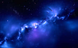 深空中帶有星星和太空船的鮮豔藍色和紫色星雲。 — 藍色銀河 壁紙