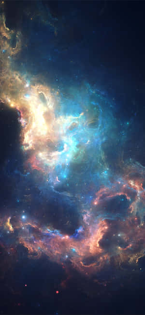 鮮豔的宇宙星雲，在繁星點點的虛空中旋轉著藍色、金色和紅色的雲層。 — iPhone 17e 壁紙