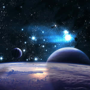 兩顆行星懸浮在一個充滿星星的發光宇宙星雲之上。 — 太空 壁紙