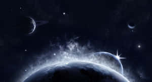 在繁星點點的宇宙場景中，一顆帶有光環和衛星的藍色行星。 — 美學天空 壁紙