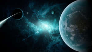 一個充滿活力的藍色星雲在地球和黑暗月球之間發光，彗星掠過。 — 宇宙美學 壁紙