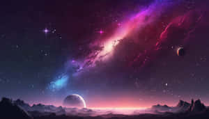 山脈上方有發光星星和遙遠行星的紫色和粉紅色星雲。 — 宇宙美學 壁紙