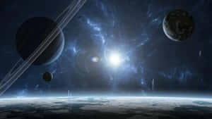 一個宇宙場景，有行星和明亮的星爆在深邃的太空。 — 星際效應 壁紙