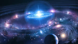 一個充滿活力的宇宙場景，旋轉的星系和發光的恆星圍繞著一顆光芒四射的中心恆星。 — 迷失太空 壁紙