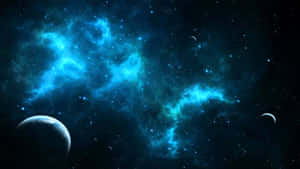 充滿活力的藍色星雲和行星漂浮在佈滿星星的空間中。 — 酷炫太空 壁紙