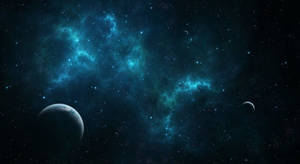藍色星雲和行星漂浮在星空之中 — 太空 壁紙