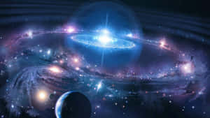 一個充滿活力的宇宙場景，旋轉的星系和發光的星星圍繞著中央的藍色星雲。 — 宇宙 壁紙