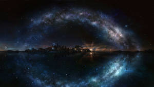 剪影山脈在星空下倒映，發光的銀河拱在頭頂。 — 黑夜 壁紙