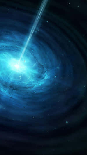 一個發光的藍色螺旋星系向太空射出一道明亮的光束。 — 星際效應 壁紙