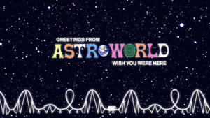 在星空下發光的雲霄飛車，帶有「Greetings from AstroWorld」文字。 — 4K 太空人 壁紙