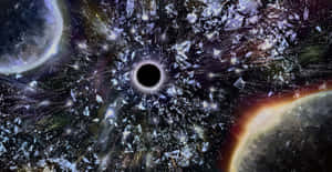 黑洞被發光的水晶和行星包圍在深空中。 — 星空動畫 壁紙