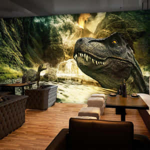 客廳配有恐龍壁紙， featuring T-Rex 和瀑布場景。 — 恐龍當家 壁紙