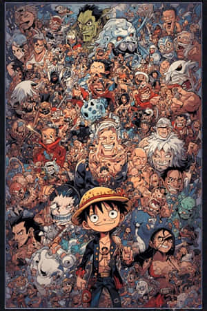 一個戴草帽的小男孩站在密集的One Piece動畫角色人群中央。 — iPhone 4 壁紙