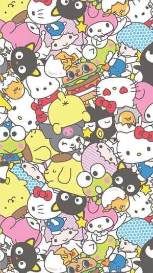 一個充滿重疊Sanrio角色的鮮豔壁紙，像是Hello Kitty和My Melody。 — 杯子蛋糕 壁紙