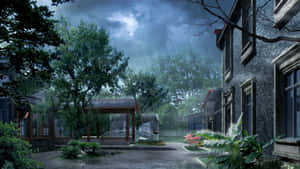 一個庭院中的雨傍晚，有石頭建築和茂密綠植。 — 日本 壁紙