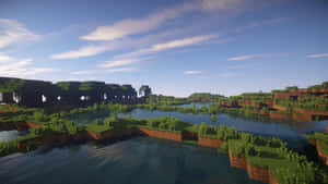 在晴朗藍天下的方塊形狀Minecraft島嶼和河流。 — 電玩遊戲 GIF 壁紙