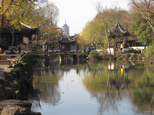 傳統中式花園，秋樹下有池塘亭台和寶塔。 — 花園 壁紙