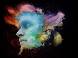 一張平靜的臉龐，被色彩繽紛的宇宙雲彩和發光的氣泡包圍。 — 夢幻 GIF 壁紙