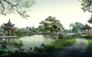 一個寧靜的中式花園，有石徑、亭台和池塘，周圍有樹木和岩石。 — 日式 壁紙