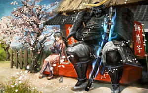 在傳統日本環境中，櫻花下的武士和女孩。 — 混沌武士 壁紙